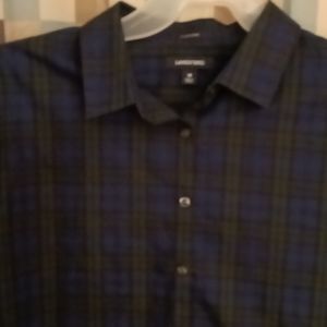 FINAL PRICE LANDS'END Blue green and black plaid quarter sleeve blouse, Sz 18